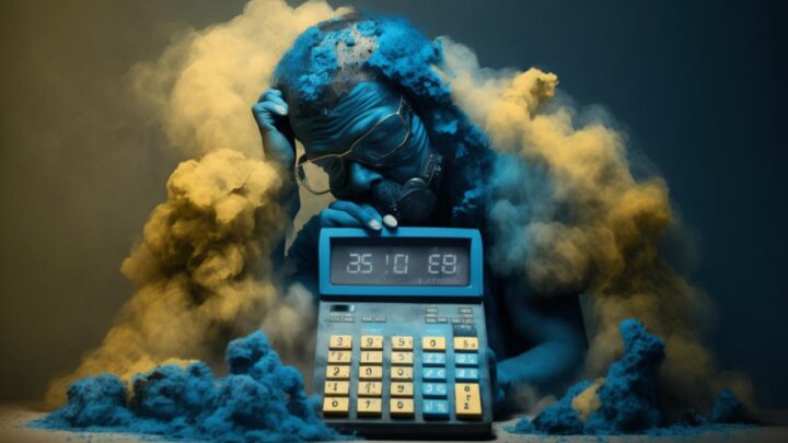 il calcolo IVA tormenta un uomo che cerca di far tornare i conti su una calcolatrice ma viene avvolto da volute di spesso fumo