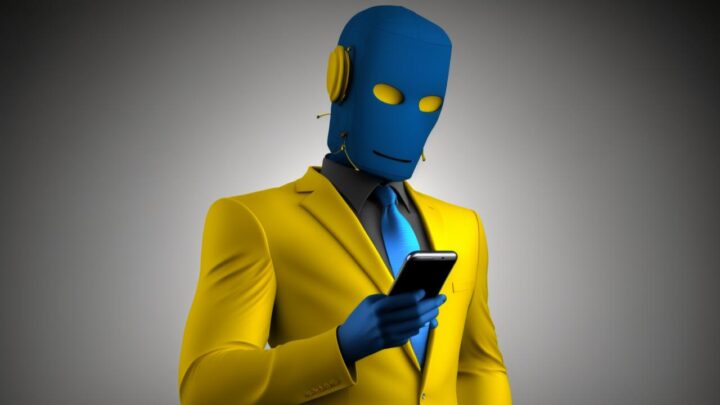 Un androide blu legge i messaggi di whatsapp business sul suo smartphone mentre indossa un completo profesisonale giallo