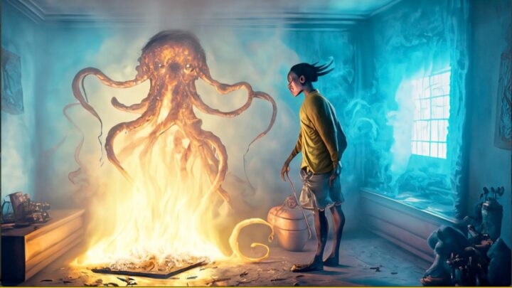 Un mostro Lovecraftiano viene divorato dalle fiamme dentro una stanza storta e contorta del gioco da tavolo Le Case della Follia. Immagine creata con Adobe Firefly.